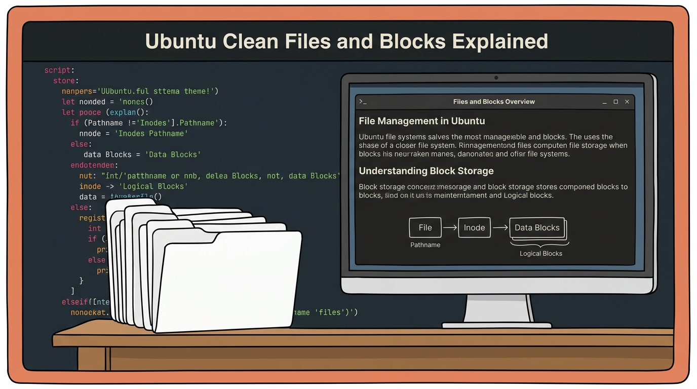 Flat illustration of white file folders on a desk beside a monitor, styled with rounded corners and a terminal theme palette.