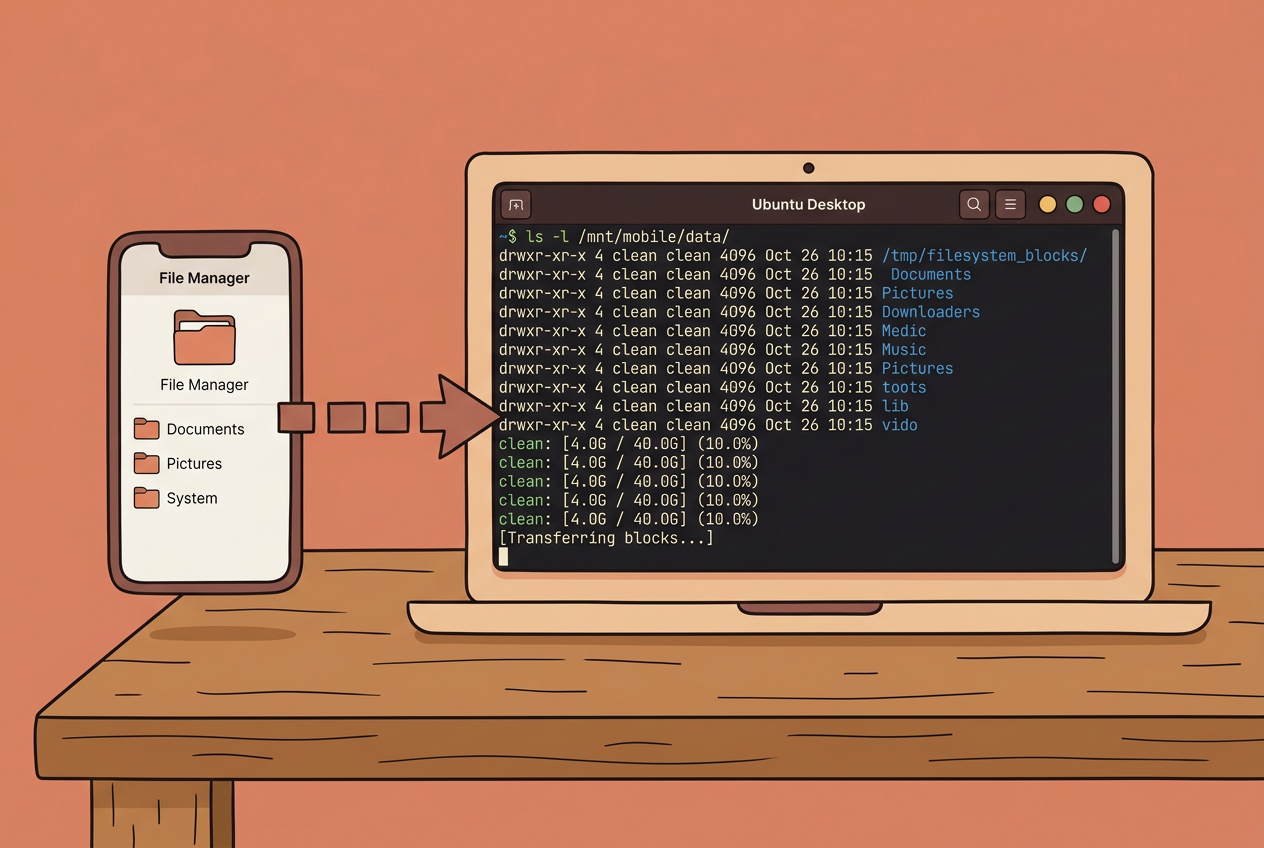 A flat-style interface drawing shows a laptop and smartphone on a desk with an arrow connecting them, rendered in the ricetheme palette.