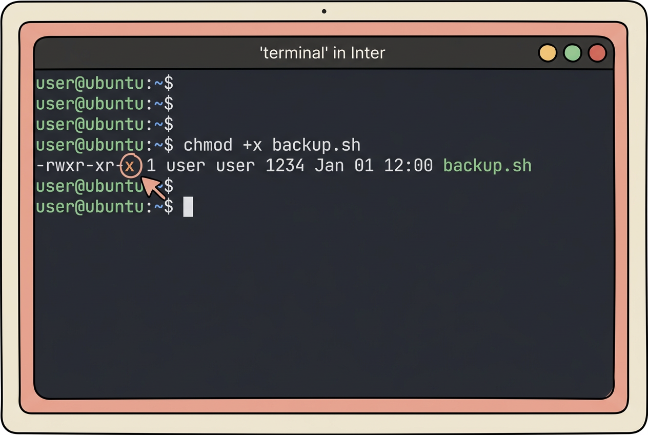 A flat illustration of a terminal window displaying the command chmod +x backup.sh with an x permission indicator.