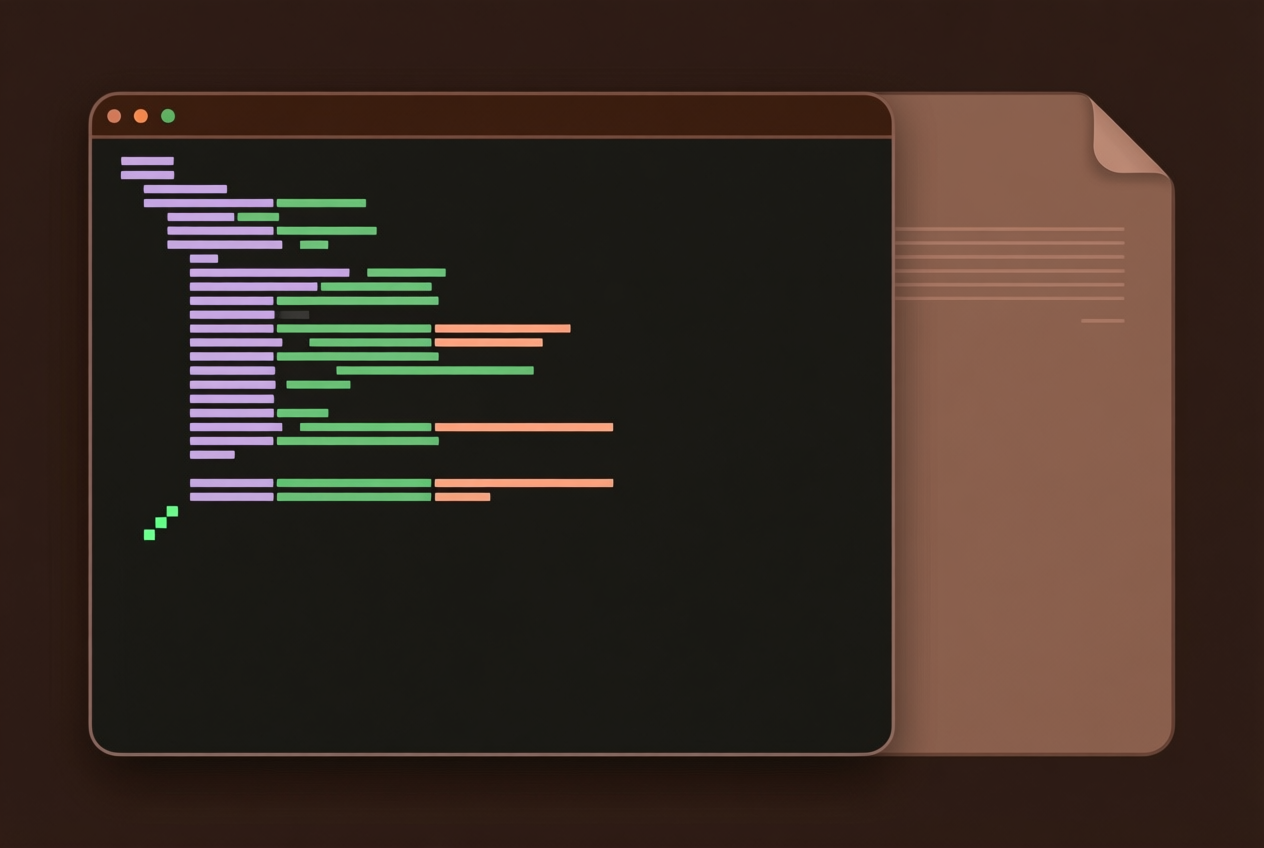 Flat illustration of a macOS terminal with Catppuccin Mocha colors and a document tile on a dark background.