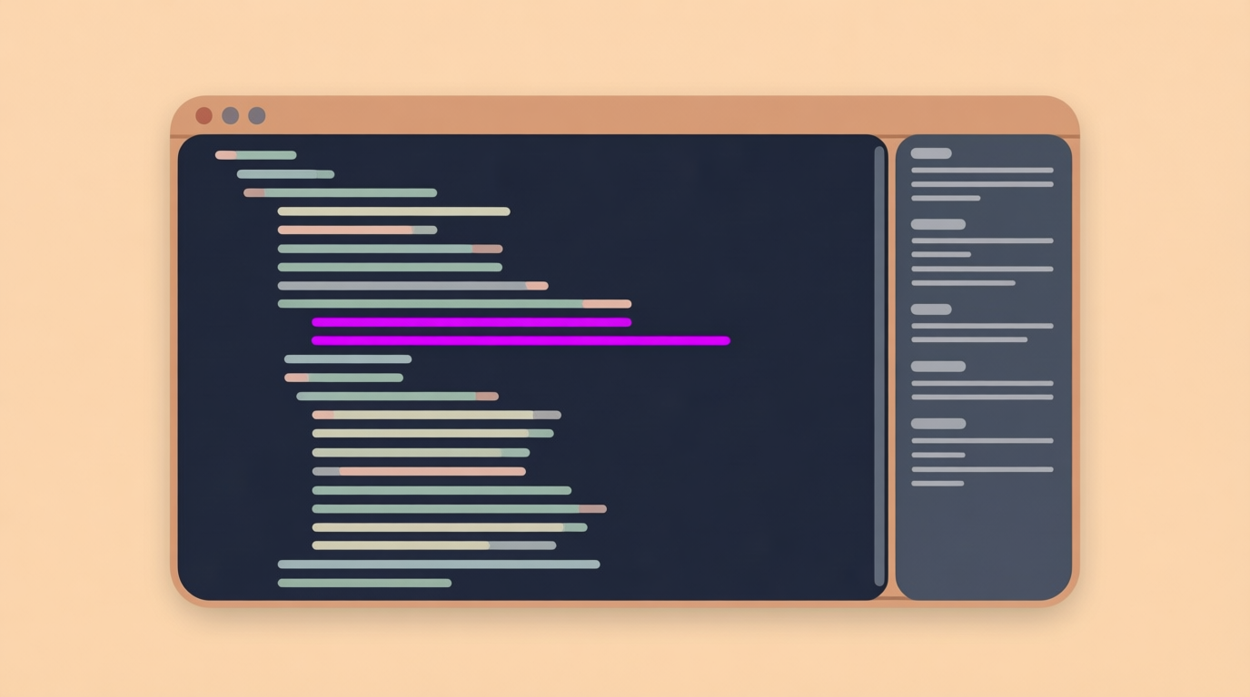 Flat design of a macOS terminal window with pastel prompt lines and a side settings panel on a crust-colored background.