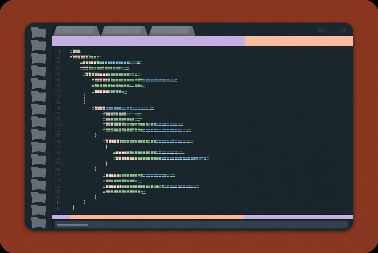 A flat illustration of a dark-themed code editor window with syntax highlighting bars, a folder sidebar, and blank tabs.