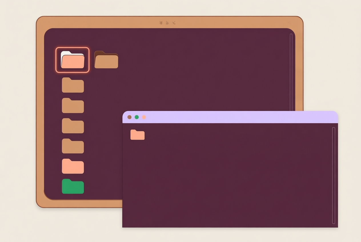 Flat design of a Linux desktop with a file manager and terminal using the Catppuccin Mocha palette.