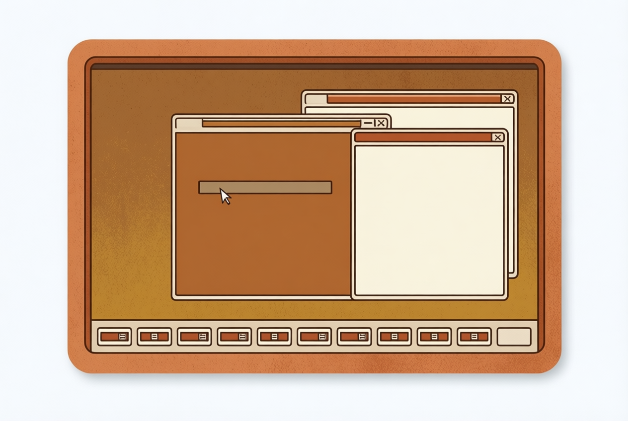 Flat vector Linux desktop with brown and terracotta tones, showing a terminal window and two document panes above a taskbar.