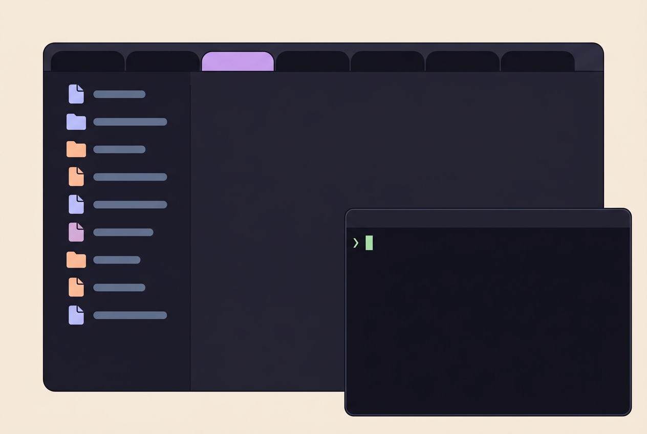 A flat vector illustration of a desktop editor with a dark theme, lavender sidebar, and an overlapping terminal window.