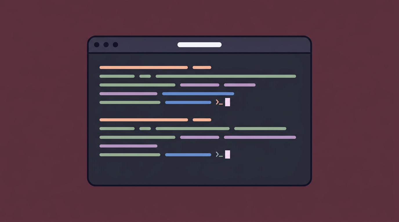 A flat illustration of a terminal window with rounded corners on a dark background, featuring pastel command output bars and a bright cursor.