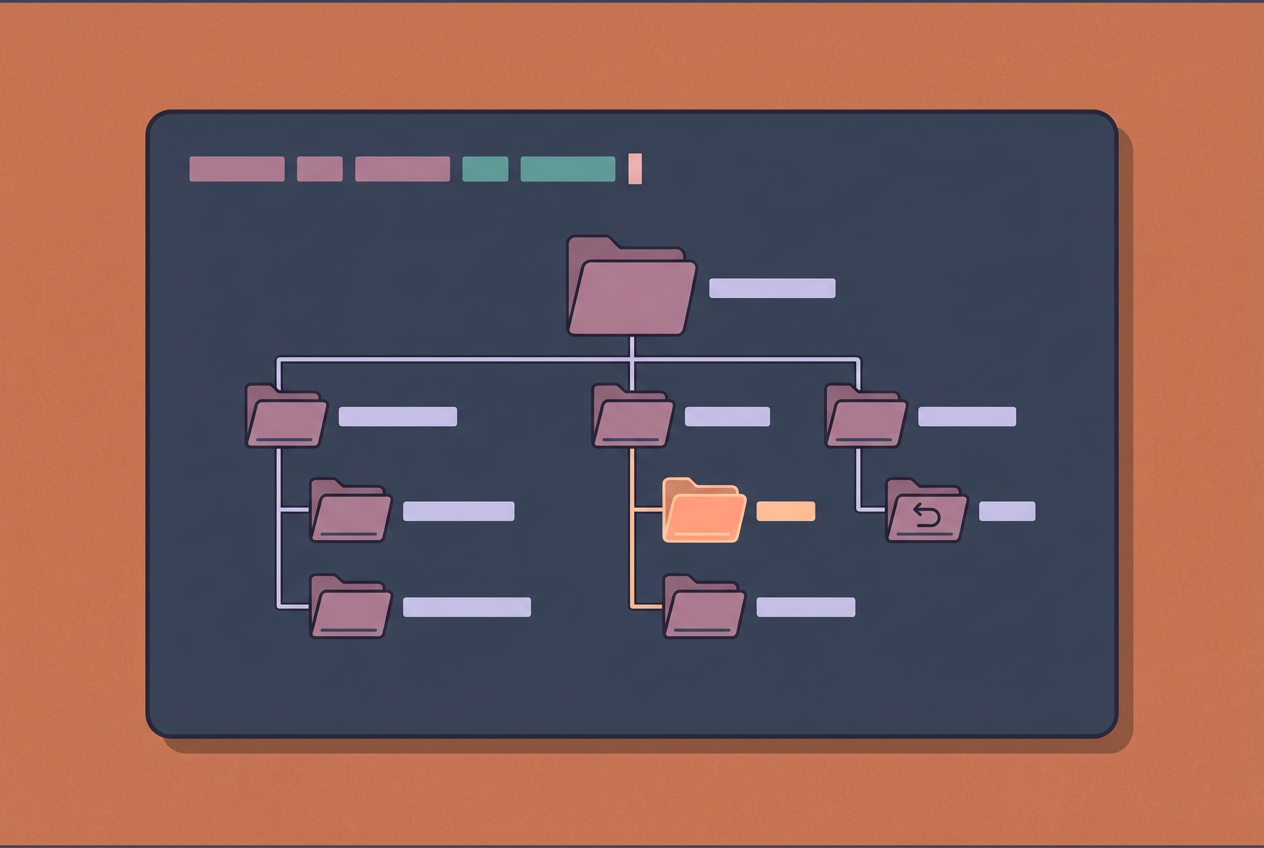 Flat illustration of a terminal window displaying a file tree with glowing home folder and shell prompt.