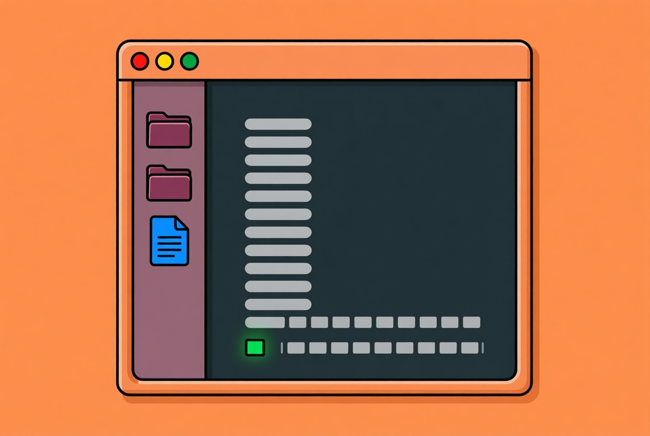 Flat tile terminal window with Catppuccin Mocha theme, sidebar folders, config lines, and colored window controls.