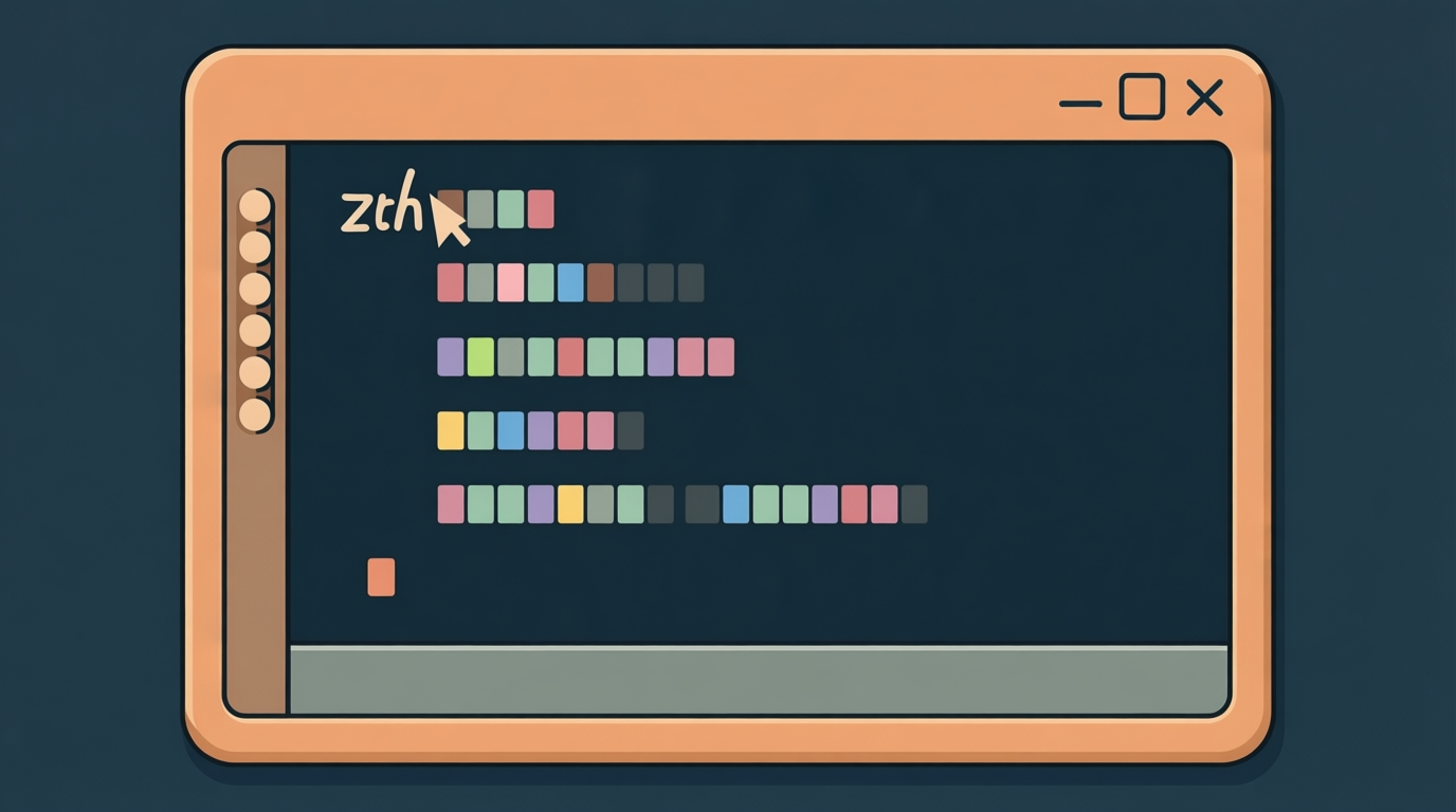 Flat illustration of a zsh terminal window with rounded corners, featuring colored prompt blocks and a sidebar.