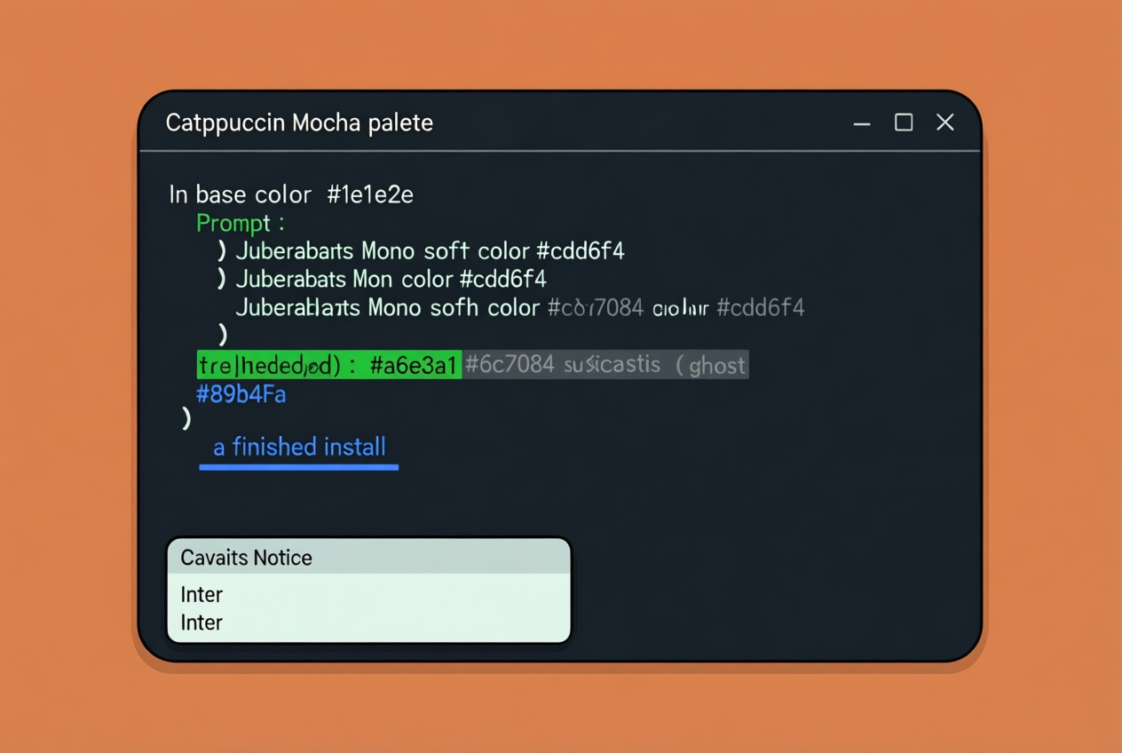 Dark terminal window in Catppuccin Mocha showing a green command, blue rule, and pale caveats panel.