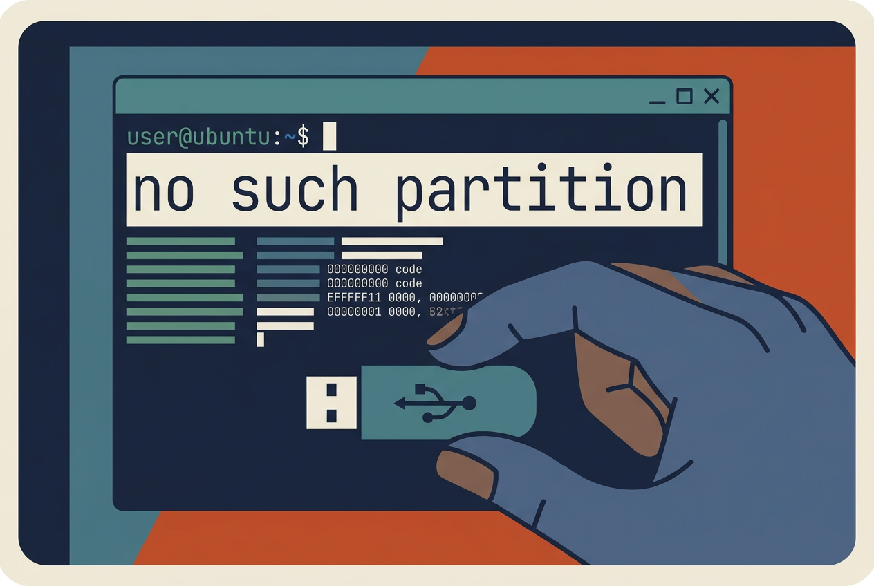 Flat interface drawing of a monitor showing a partition error and an Ubuntu USB stick, styled in ricetheme.