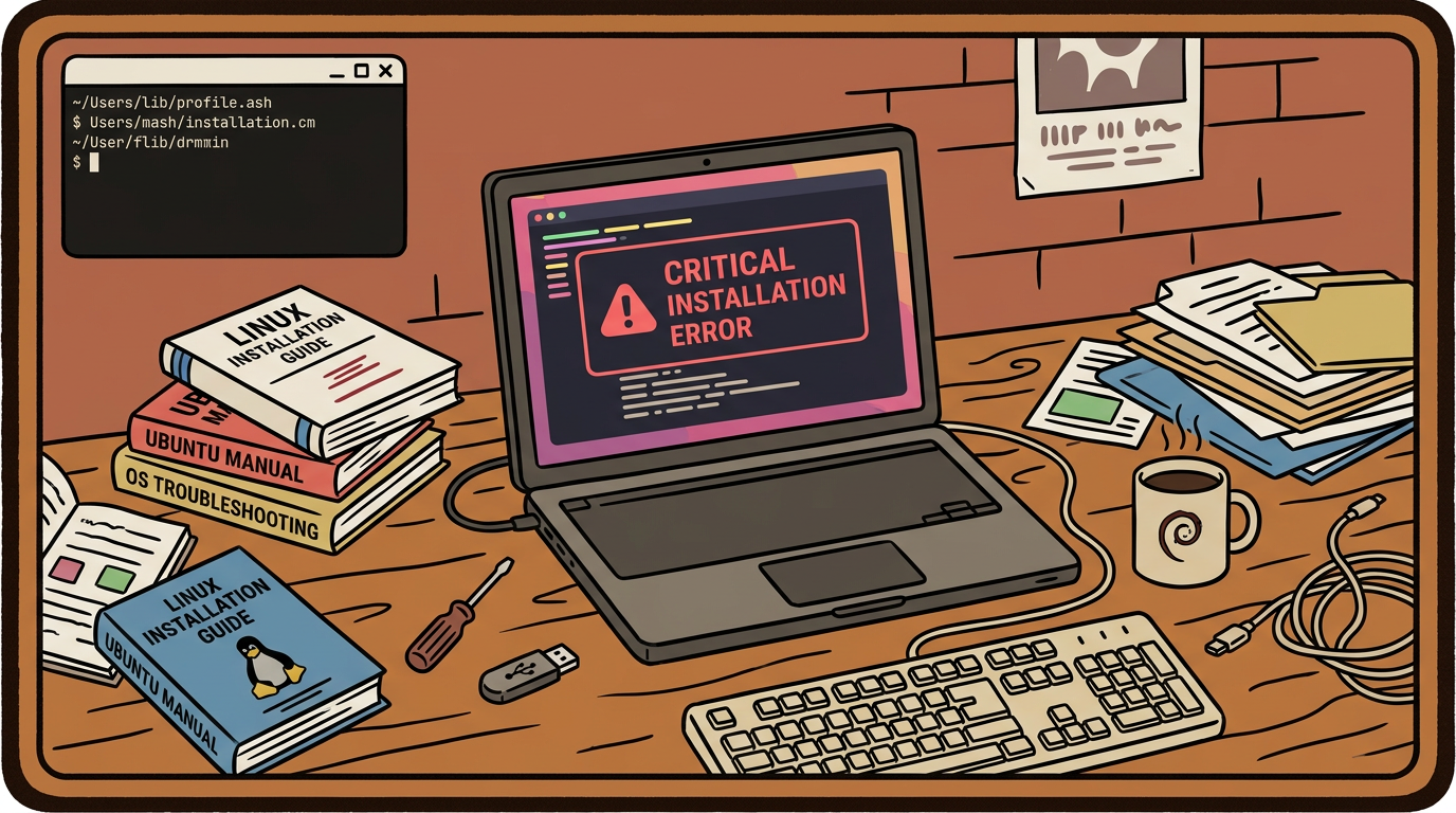 A flat illustration of a laptop showing a red error message, surrounded by manuals and tools.