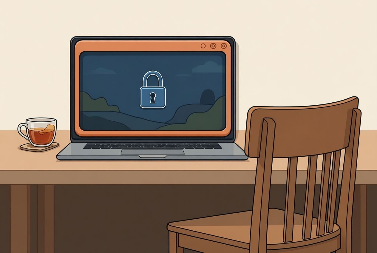 A laptop on a desk displays a terminal-style lock screen with a padlock icon, next to an empty chair and tea mug.