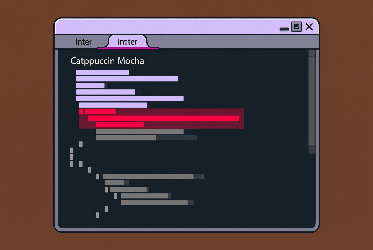 A flat illustration of a terminal window using the Catppuccin Mocha theme, showing tabs and error output.