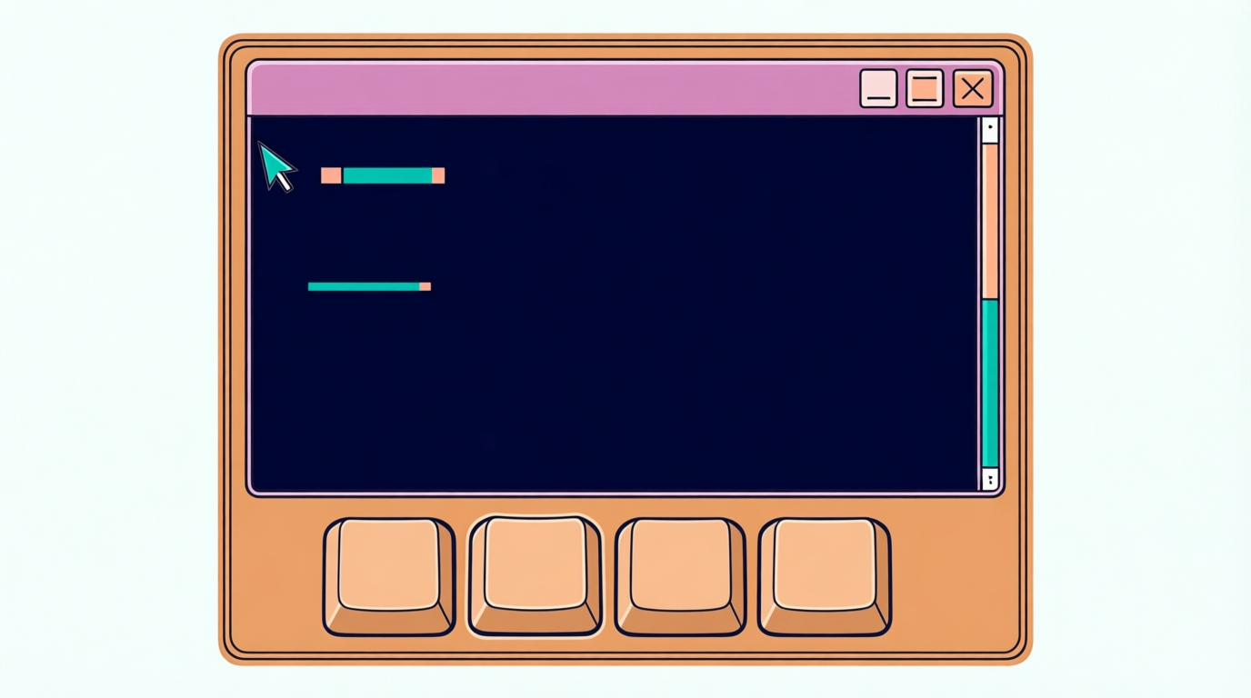 A flat illustration of a terminal window with rounded corners and teal highlights, positioned above four unmarked keycaps in the same color palette.