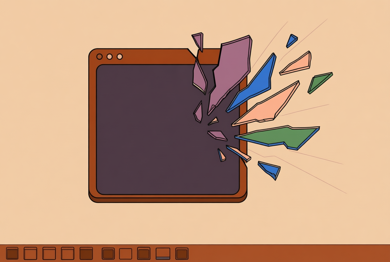 A flat illustration of a dark plum window breaking into colorful shards, with a taskbar below and faint lines tracing the fragments' paths.