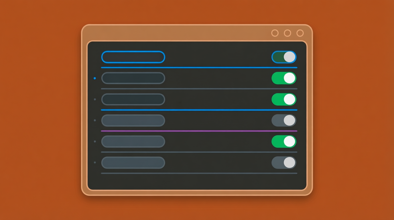 A flat UI design of a settings window using the Catppuccin Mocha color scheme, featuring a list of toggle switches with one row highlighted.