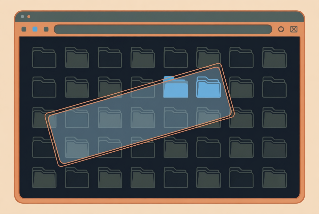 A flat-design Windows File Explorer window in a dark theme, showing a blue selection rectangle dragging across file icons.